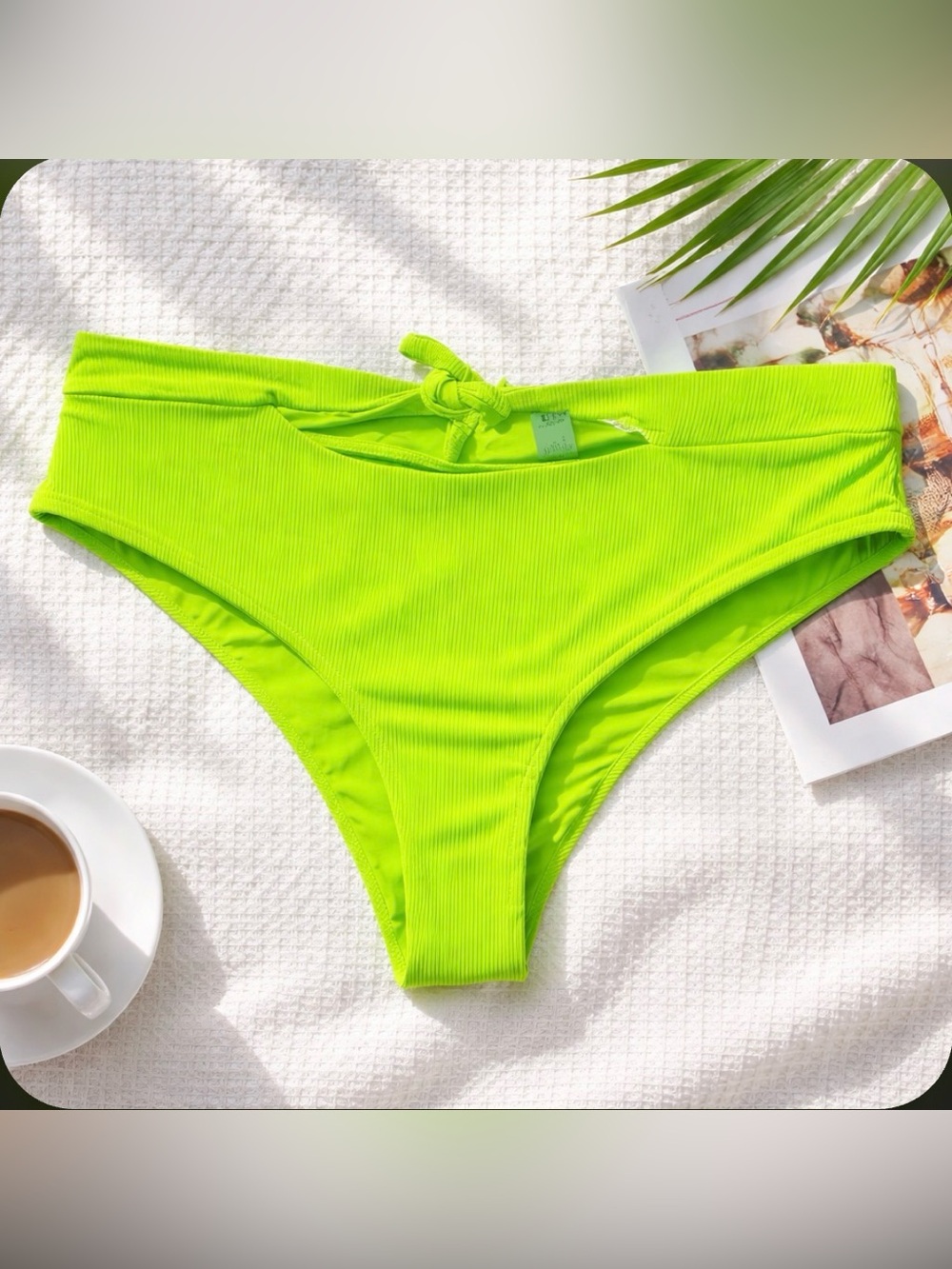 TiniBikini Size Large Neon Lime Green Ribbed Swim Bottoms High-Waisted Cheeky